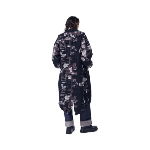 Patchwork Cut Jacquard Hooded Coat