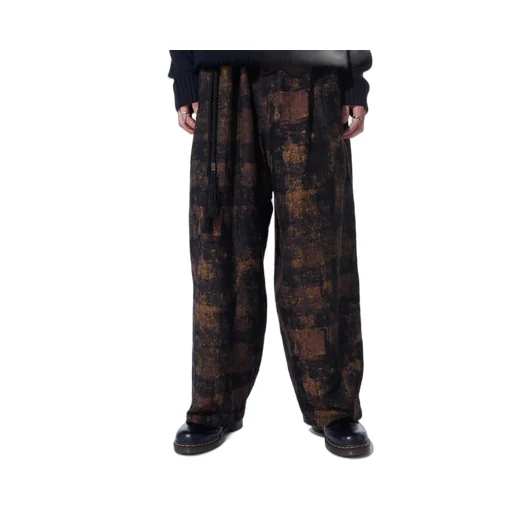 Check Jacquard Waist-String Wide Pants