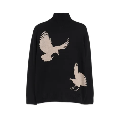 7G Wool-Blend Intarsia Crow-Pattern High Neck Knit