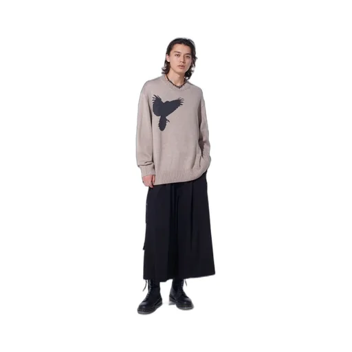 7G Wool-Blend Intarsia Crow-Pattern Pullover