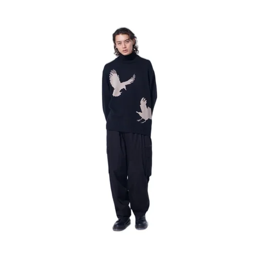 7G Wool-Blend Intarsia Crow-Pattern High Neck Knit