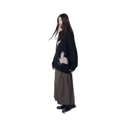 7G Wool-Blend Intarsia Crow-Pattern High Neck Knit