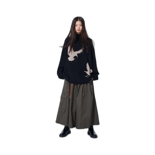 7G Wool-Blend Intarsia Crow-Pattern High Neck Knit