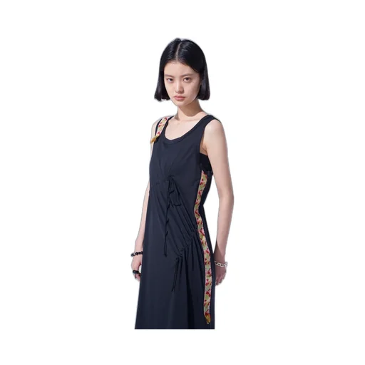 Pe/Smooth Jersey Strings Gathered Dress With Tyrolean Tapes