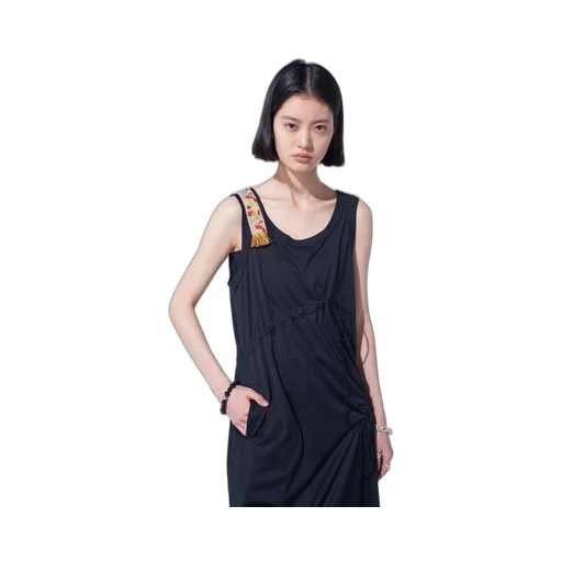 Pe/Smooth Jersey Strings Gathered Dress With Tyrolean Tapes