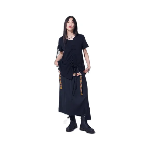 Pe/Smooth Jersey Waist-String Gathered Skirt With Tyrolean Tapes