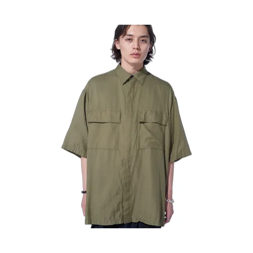 Cotton/Cellulose Broad Flap Pockets Oversized Short-Sleeve Shirt