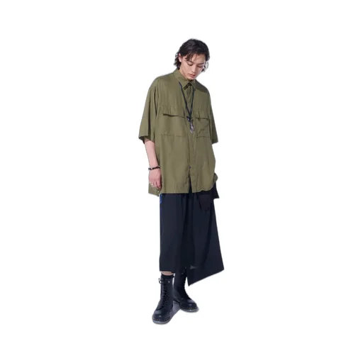 Cotton/Cellulose Broad Flap Pockets Oversized Short-Sleeve Shirt