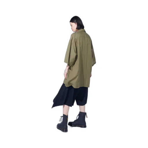 Cotton/Cellulose Broad Flap Pockets Oversized Short-Sleeve Shirt