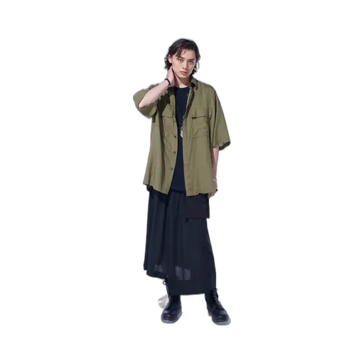 Cotton/Cellulose Broad Flap Pockets Oversized Short-Sleeve Shirt