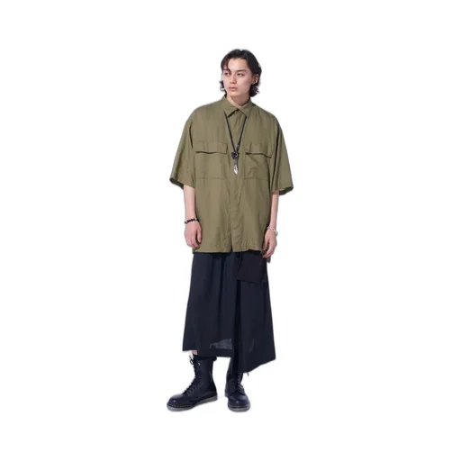 Cotton/Cellulose Broad Flap Pockets Oversized Short-Sleeve Shirt