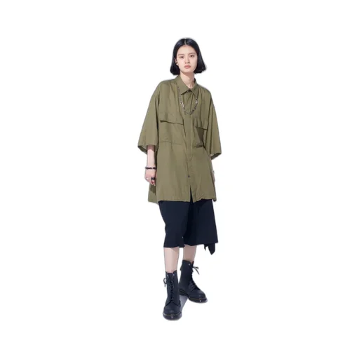 Cotton/Cellulose Broad Flap Pockets Oversized Short-Sleeve Shirt