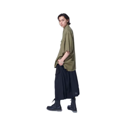 Cotton/Cellulose Broad Flap Pockets Oversized Short-Sleeve Shirt