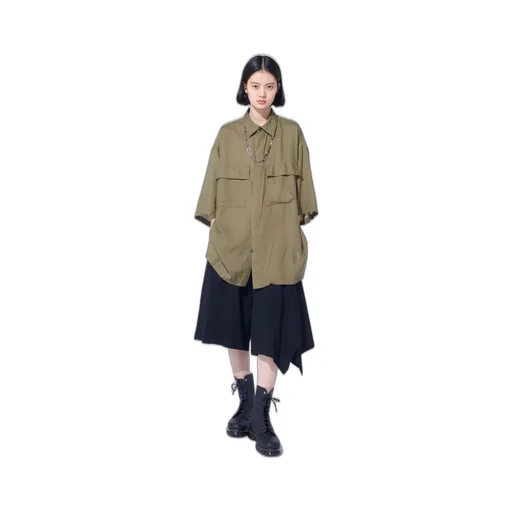 Cotton/Cellulose Broad Flap Pockets Oversized Short-Sleeve Shirt