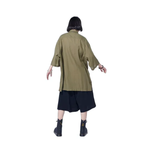 Cotton/Cellulose Broad Flap Pockets Oversized Short-Sleeve Shirt