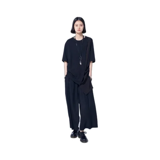 Soft Jersey+Crepe De Chine Asymmetrical T-Shirt