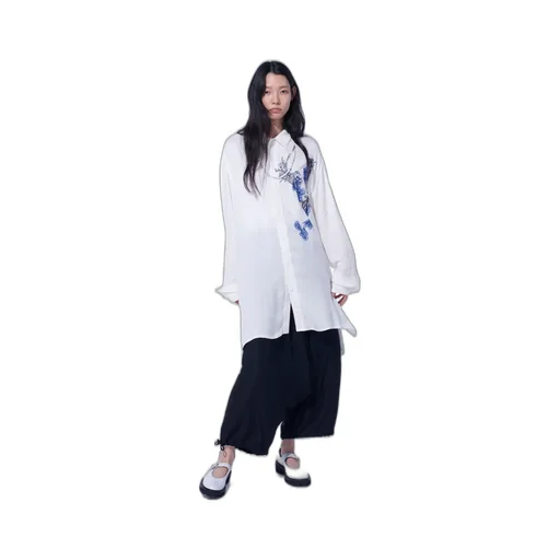 Viscose Twill Chrysanthemum Embroidery Oversized Shirt