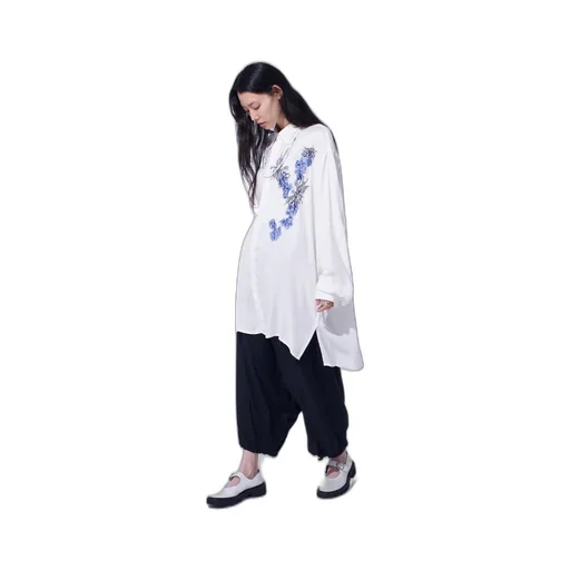 Viscose Twill Chrysanthemum Embroidery Oversized Shirt