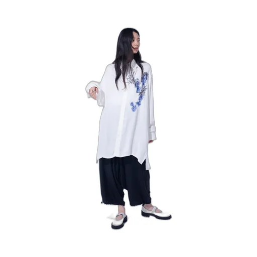 Viscose Twill Chrysanthemum Embroidery Oversized Shirt