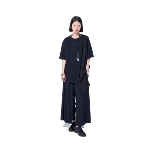 Soft Jersey+Crepe De Chine Asymmetrical T-Shirt
