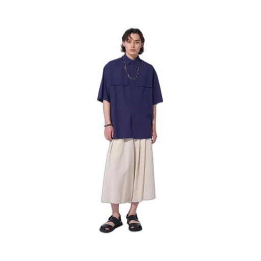 Broadcloth Chambray Flap Pockets Oversized Short-Sleeve Shirt