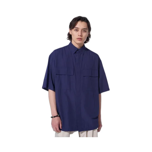 Broadcloth Chambray Flap Pockets Oversized Short-Sleeve Shirt