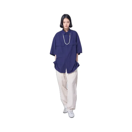 Broadcloth Chambray Flap Pockets Oversized Short-Sleeve Shirt