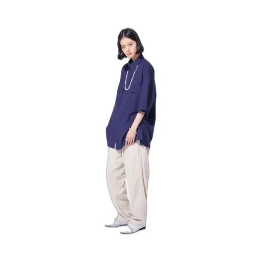 Broadcloth Chambray Flap Pockets Oversized Short-Sleeve Shirt