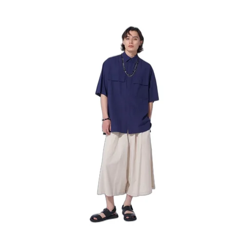 Broadcloth Chambray Flap Pockets Oversized Short-Sleeve Shirt