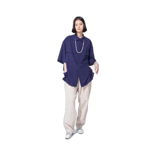 Broadcloth Chambray Flap Pockets Oversized Short-Sleeve Shirt