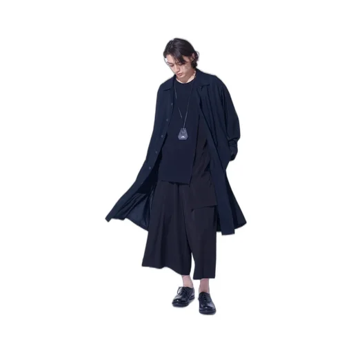 Rayon Twill Open-Collar Long Shirt