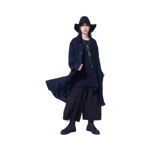 Rayon Twill Open-Collar Long Shirt