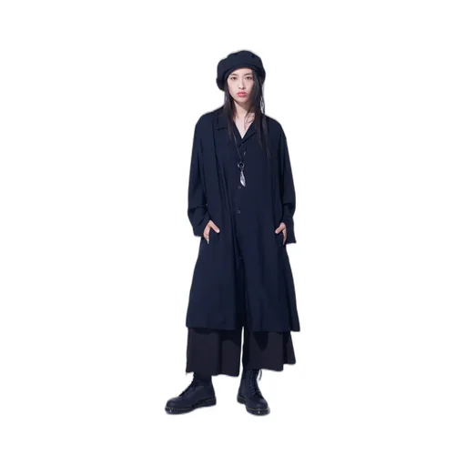 Rayon Twill Open-Collar Long Shirt