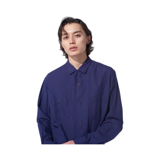 Broadcloth Chambray Loose-Fit Open Collar Shirt