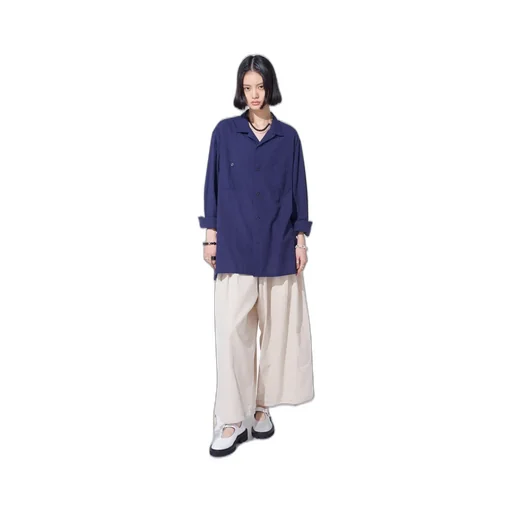 Broadcloth Chambray Loose-Fit Open Collar Shirt