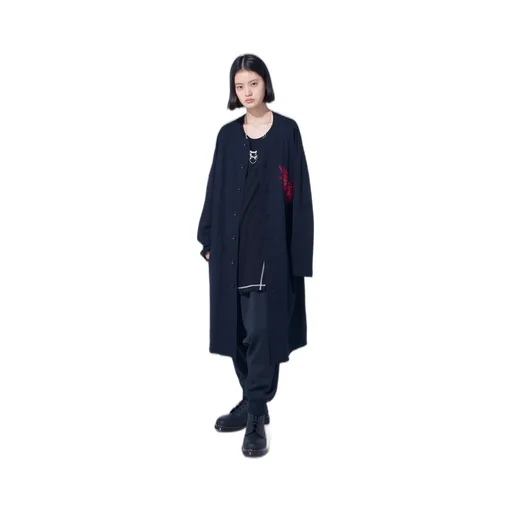 Classic Jersey Tyrolean Embroidery Collarless Long Cardigan