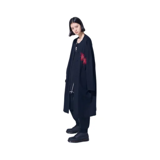 Classic Jersey Tyrolean Embroidery Collarless Long Cardigan