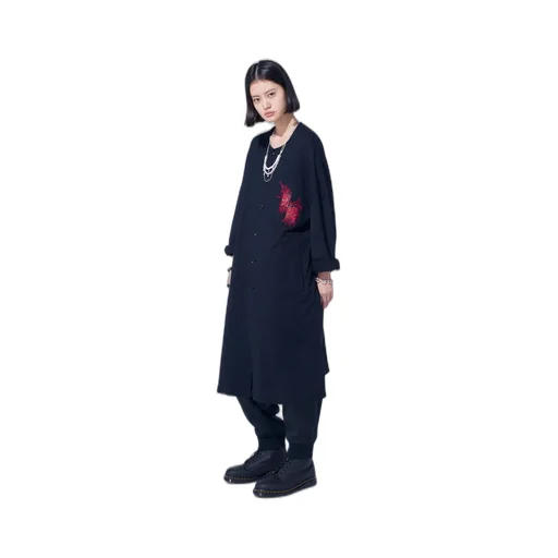 Classic Jersey Tyrolean Embroidery Collarless Long Cardigan