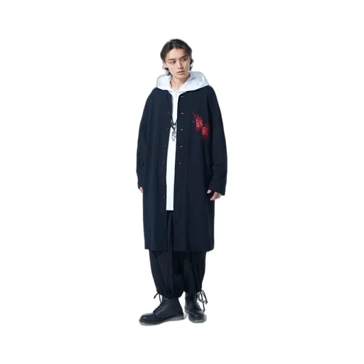 Classic Jersey Tyrolean Embroidery Collarless Long Cardigan