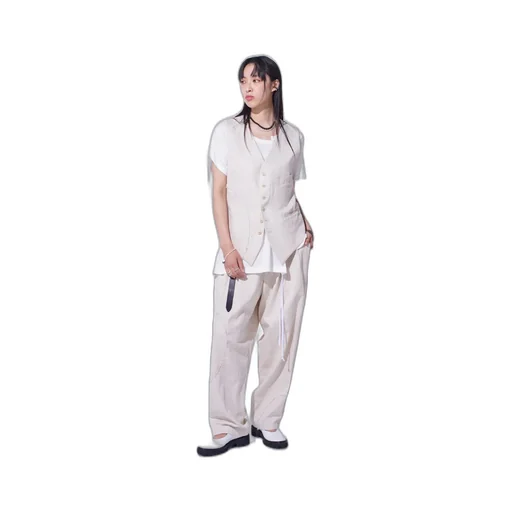Linen/Cotton Herringbone Zigzag Cut-Out Pants