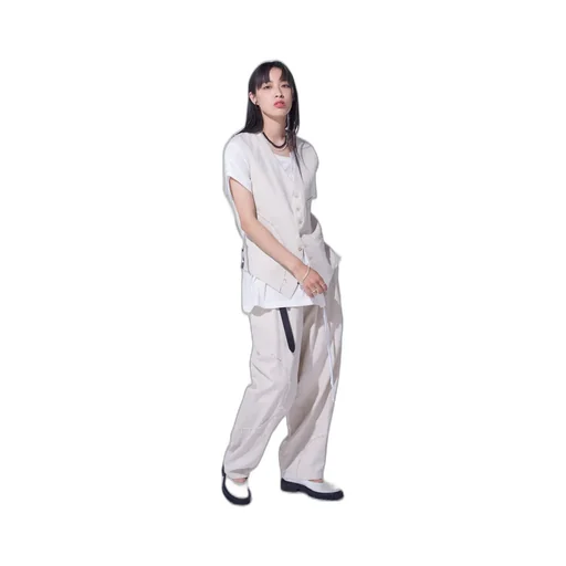 Linen/Cotton Herringbone Zigzag Cut-Out Pants