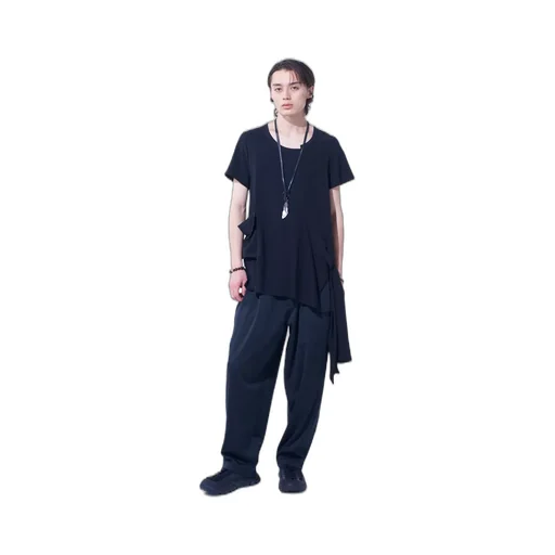 Soft Jersey+Crepe De Chine Pocket Side Slit Knot T-Shirt