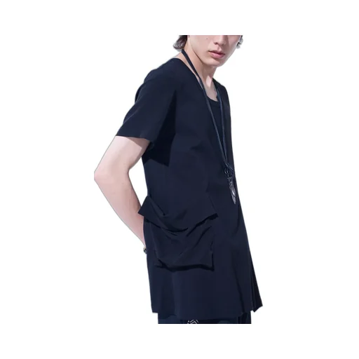 Soft Jersey+Crepe De Chine Pocket Side Slit Knot T-Shirt