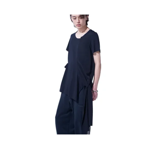 Soft Jersey+Crepe De Chine Pocket Side Slit Knot T-Shirt