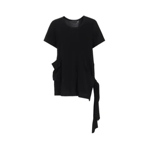 Soft Jersey+Crepe De Chine Pocket Side Slit Knot T-Shirt