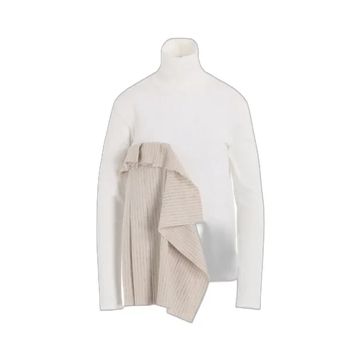 Cotton Rib Jersey Long-Sleeved High-Neck T-Shirt With Pleated Stripes Fabric