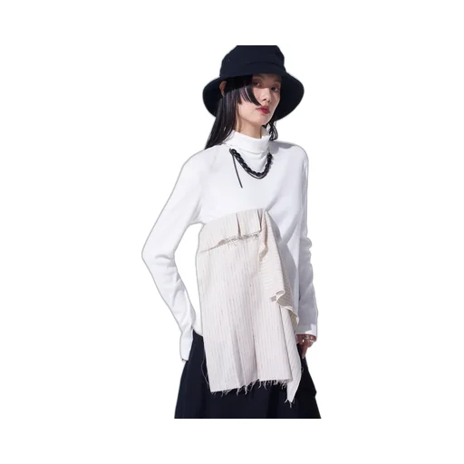 Cotton Rib Jersey Long-Sleeved High-Neck T-Shirt With Pleated Stripes Fabric