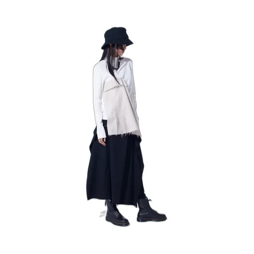 Cotton Rib Jersey Long-Sleeved High-Neck T-Shirt With Pleated Stripes Fabric