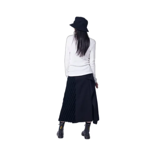 Cotton Rib Jersey Long-Sleeved High-Neck T-Shirt With Pleated Stripes Fabric