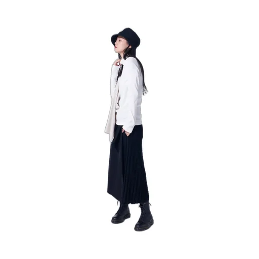 Cotton Rib Jersey Long-Sleeved High-Neck T-Shirt With Pleated Stripes Fabric